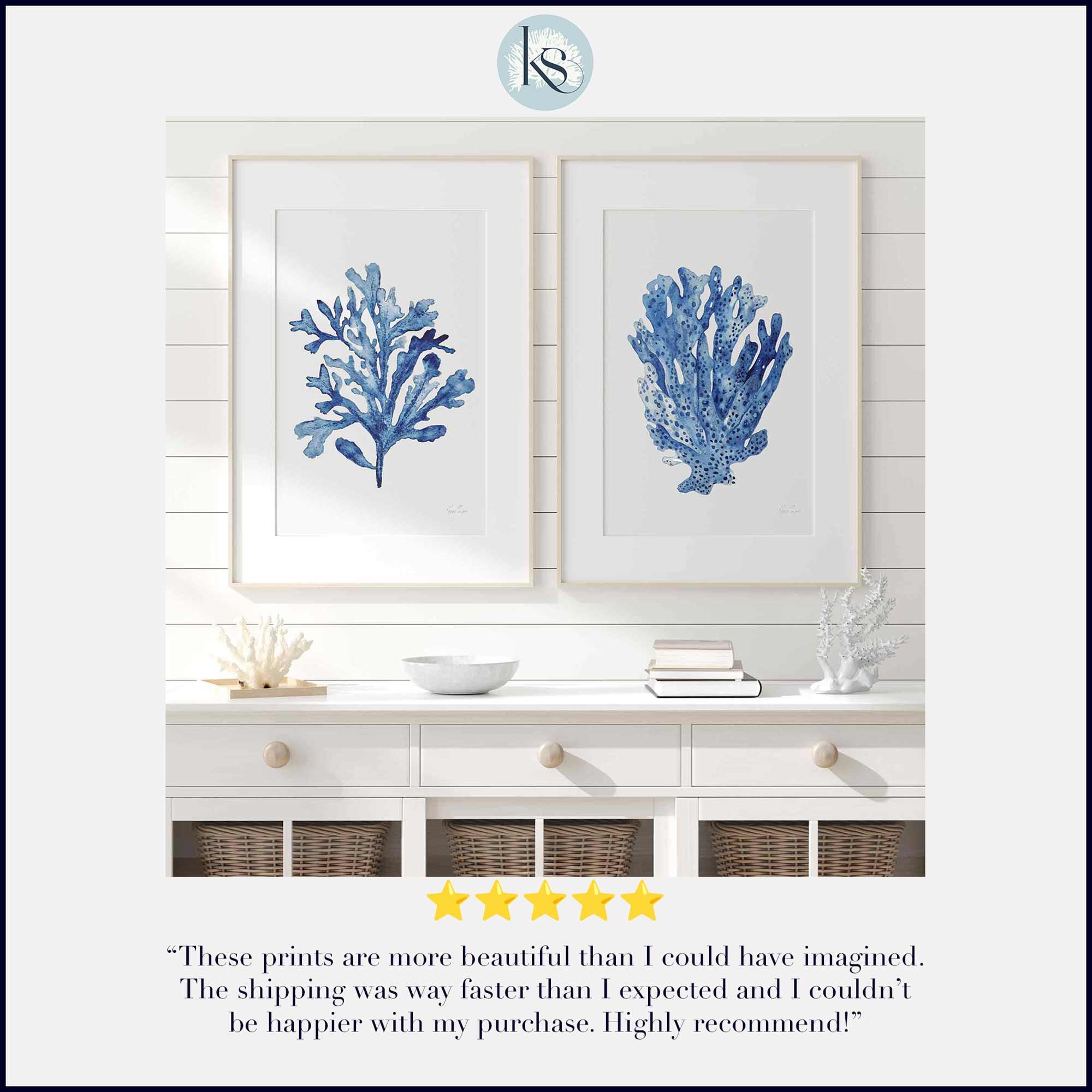 Navy Blue Coral Seaweed Watercolor Art Print Set - Etsy