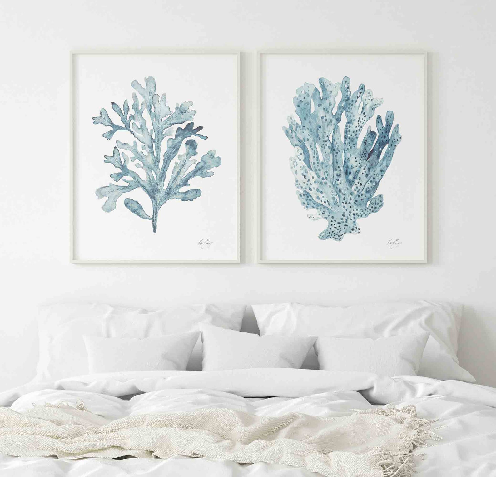 Blue Coral Wall Art Set of 2 Prints, Coastal Wall Art Watercolor ...
