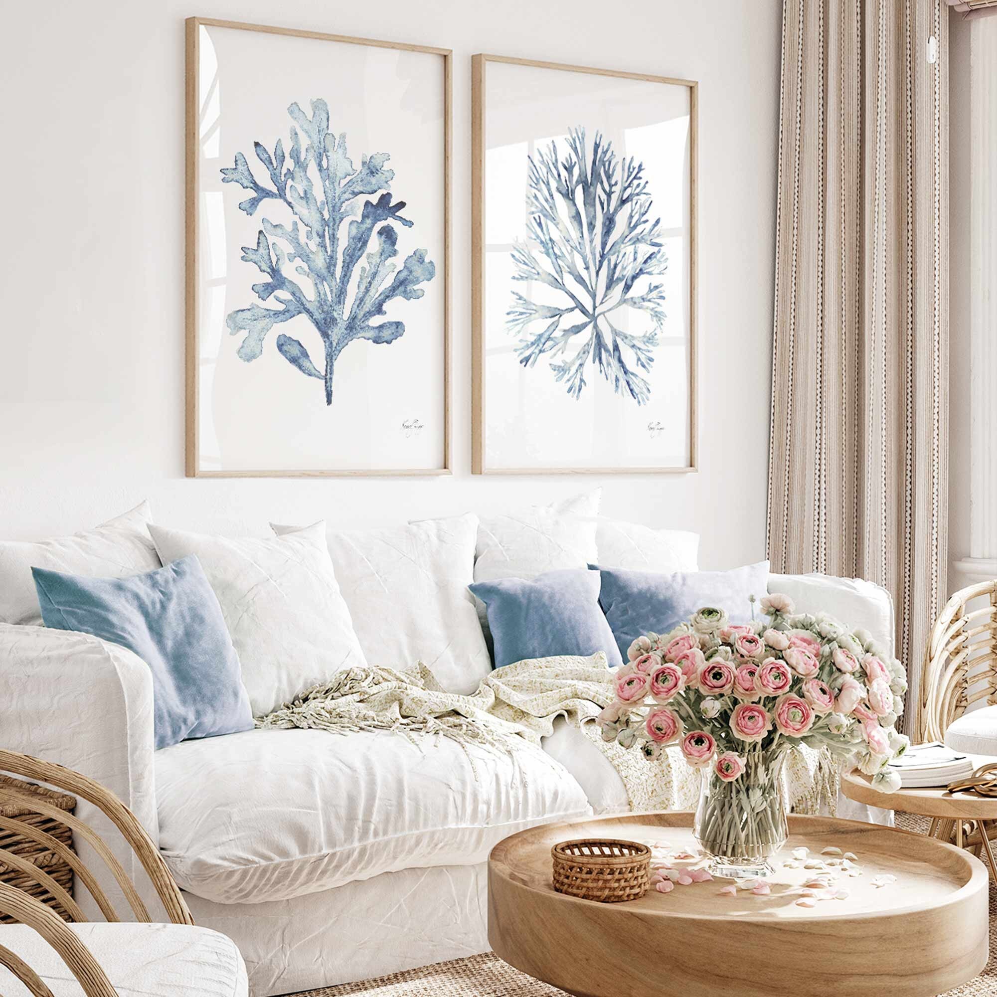 Seaweed Watercolor Print Set, Sky Blue Coastal Wall Art - Etsy