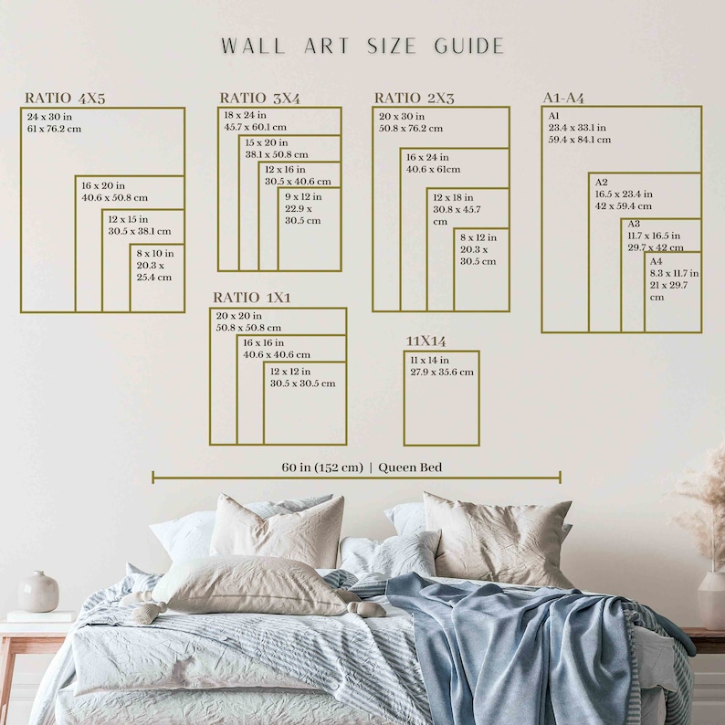 May include: A wall art size guide with different ratios and measurements in inches and centimetres. The guide includes ratios like 4x5, 3x4, 2x3, 1x1, and 11x14. The guide also includes standard paper sizes like A1, A2, A3, and A4. The guide is displayed on a wall above a queen-sized bed.