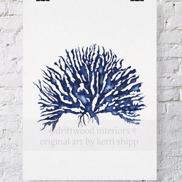 Sea Coral IV en Denim Blue Acuarela Impresión 11x14 - Blue Coral Art - Blue Sea Fan - Sea Life Art Print - Coral Art Print