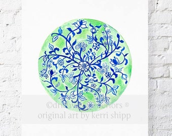 Green Chinoiserie Plate Watercolor Print - Blue and White Chinoiserie Watercolor Art