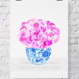 Blue and White Vase with Sweet Peas Watercolor Print 8x10 - "Sweet Peas in Vintage Blue" - Blue and White China Print - Ginger Jar