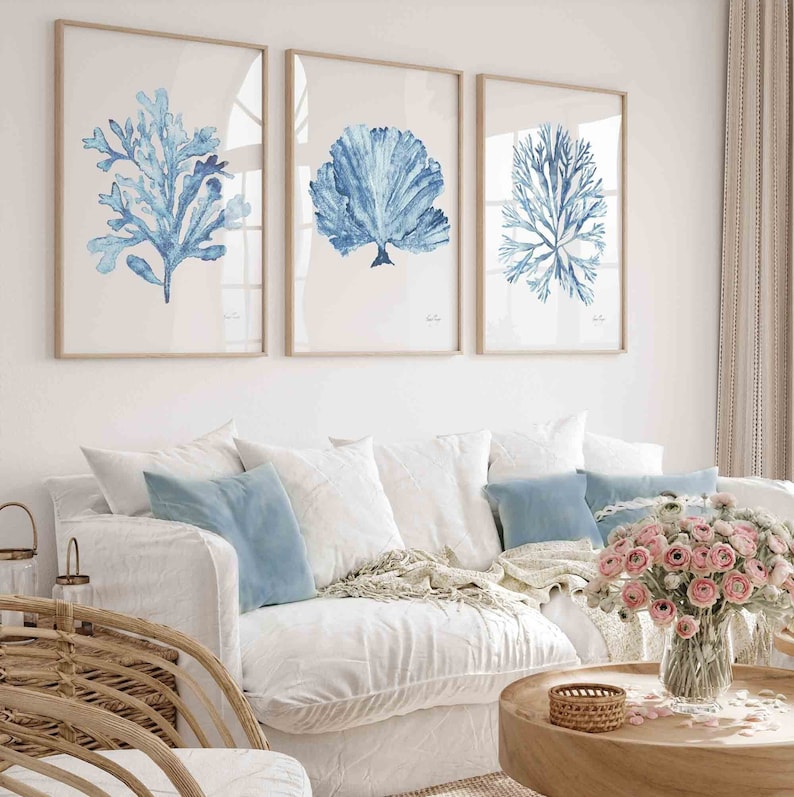 Sky Blue Coral Seaweed Wall Art Set of 3 Prints, Minimalist Wall Decor ...