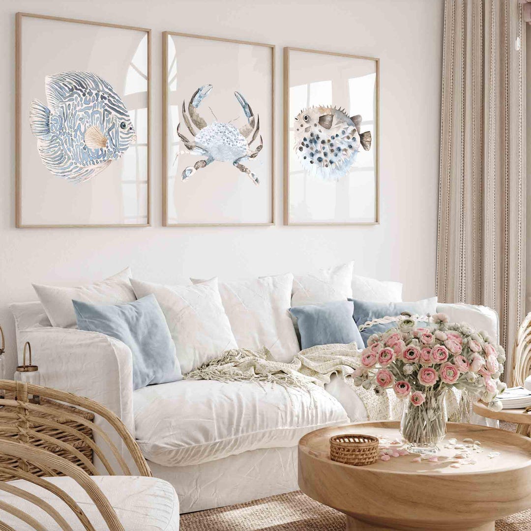 Coastal Wall Art Minimalist Fish Wall Decor Beige Blue Beach House Home ...