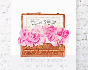 Malle Fleurs 11x14 Watercolour print - Floral Art Print - Pink Flowers in Louis Vuitton trunk