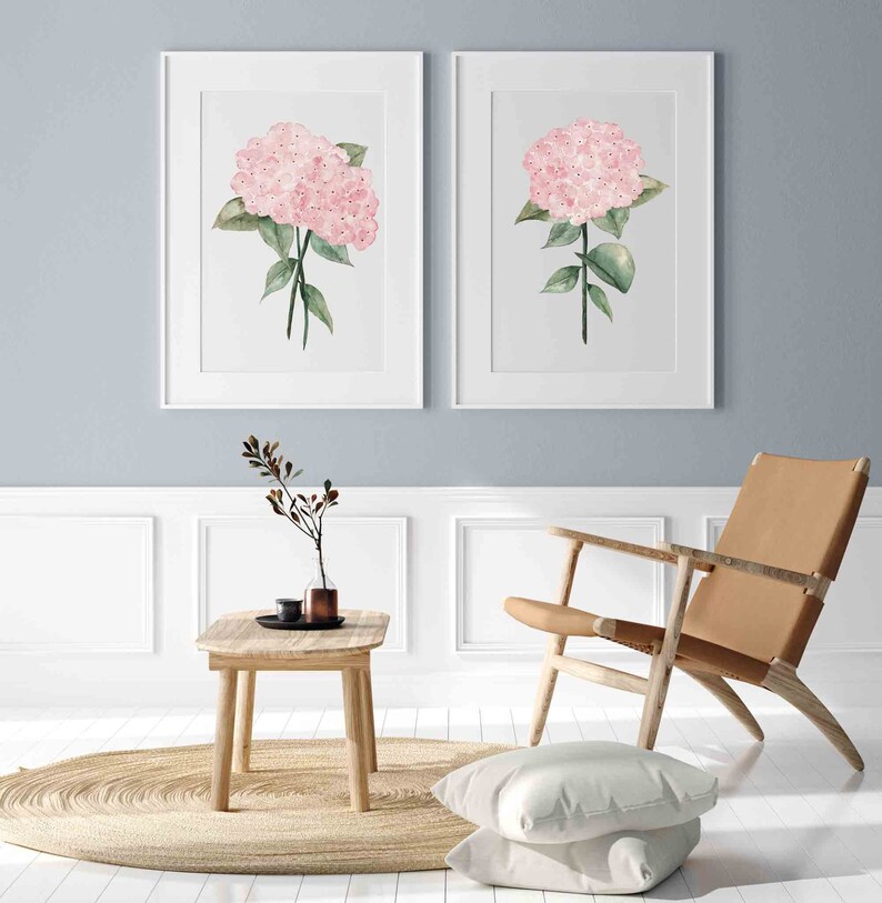 Hydrangea Wall Art Prints Set: Pale Pink Watercolor Botanical ...