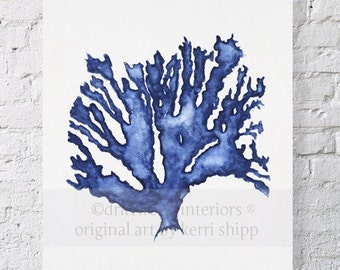 Sea Coral in Denim Watercolor Print 11x14 - Blue Coral Print - Coral Art Print - Beach Home Decor