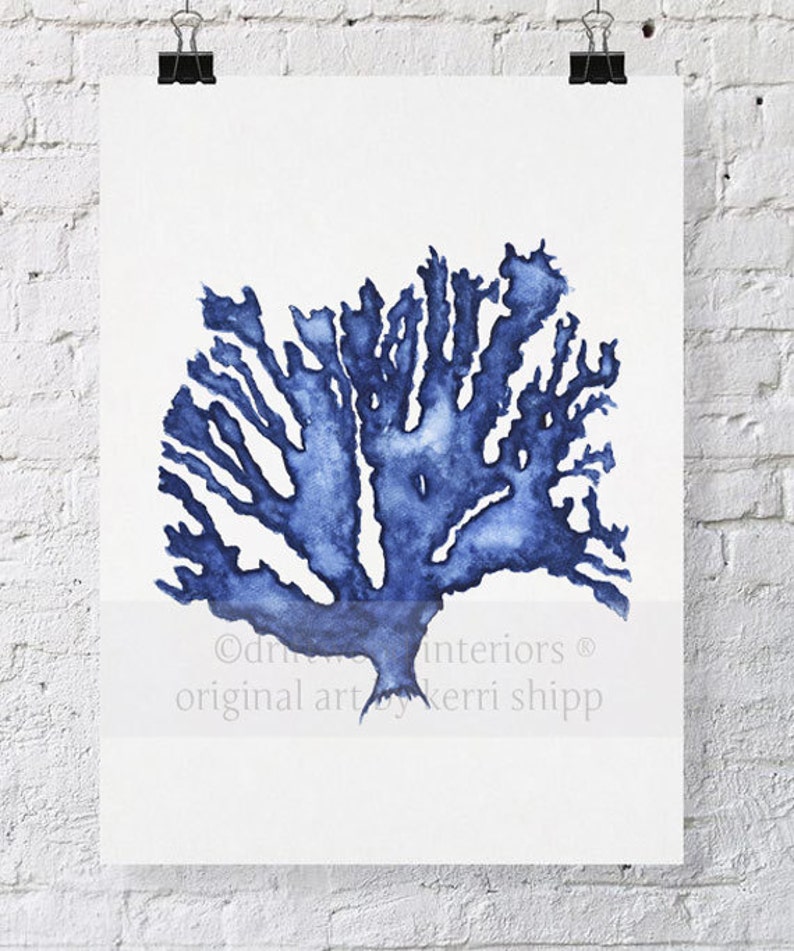 Sea Coral in Denim Watercolor Print 11x14 Blue Coral Print Coral Art Print Beach Home Decor image 1