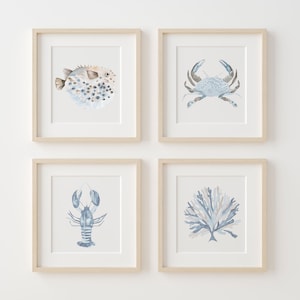 Coastal Wall Art Prints Blue Minimalist Decor Nautical Beach House Art Crab Fish Coral Seaweed Print Set of 4 Gift for Baby Child Nursery