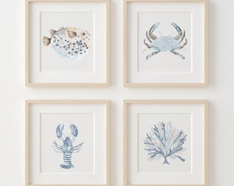 Coastal Wall Art Prints Blue Minimalist Decor Nautical Beach House Art Crab Fish Coral Seaweed Print Set of 4 Gift for Baby Child Nursery