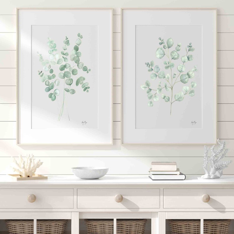 Eucalyptus Bundle Minimalist Wall Decor Light Sage Green, Handmade Hand Painted Watercolor Prints, Modern Botanical Prints Set of 2 image 1