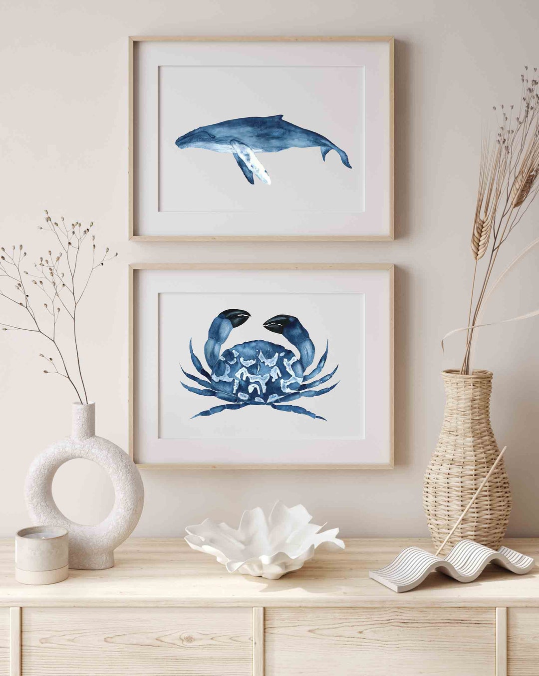 Sea Life Coastal Wall Art Set of 2 Blue Watercolor Print Set Whimsical ...