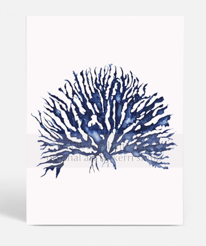 Minimalist Wall Decor Blue Coral Watercolor Print, Nautical Seaweed Beach House Decor, Hamptons Interiors Wall Art, Navy Blue Home Decor image 4