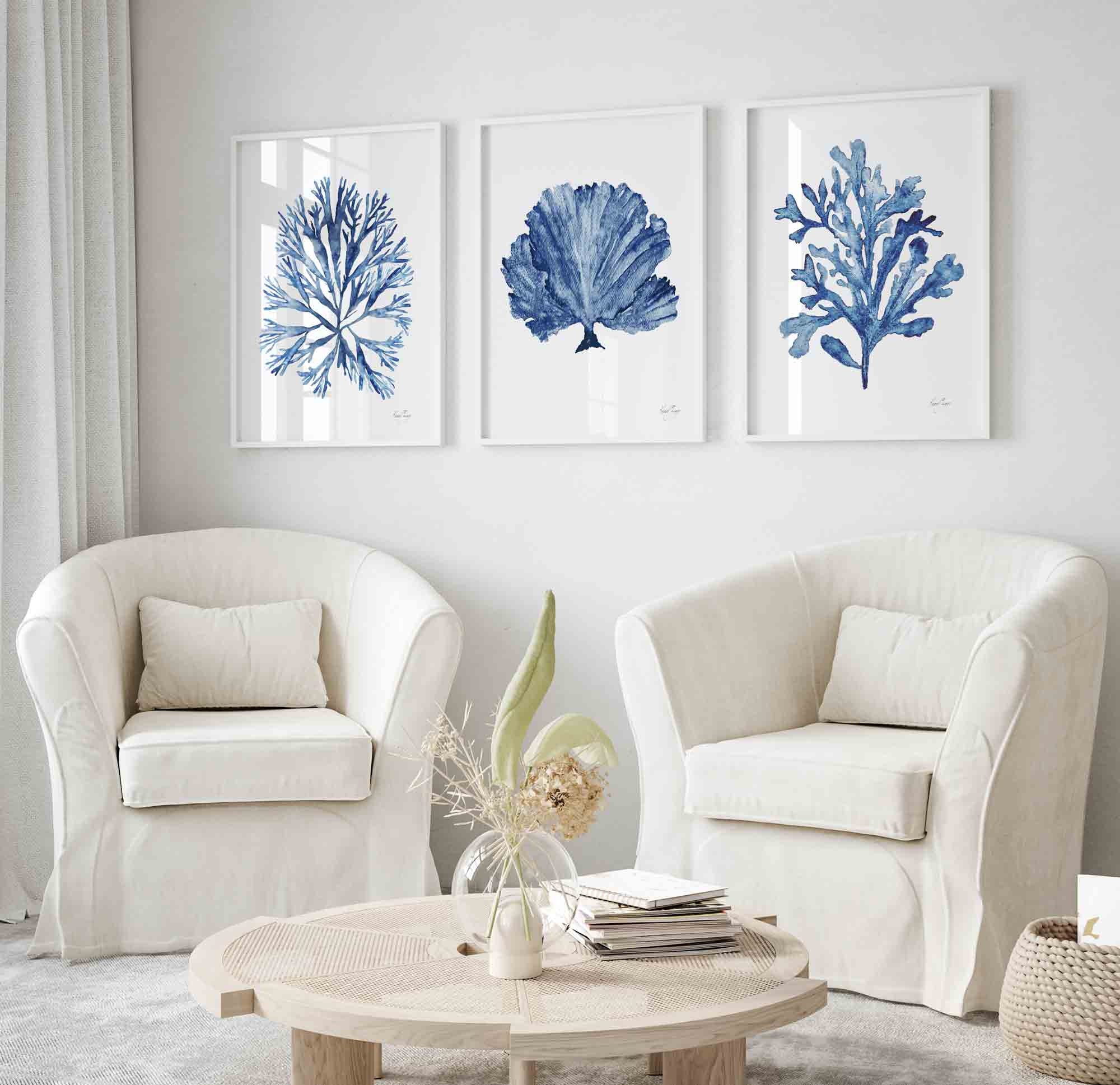 Navy Blue Coral Seaweed Wall Art Set of 3 Prints Minimalist Etsy