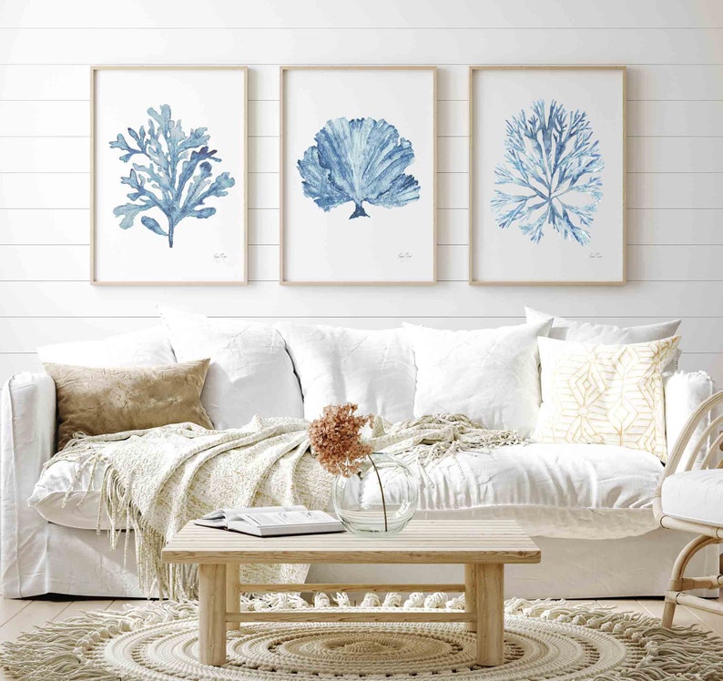 Sky Blue Coral Seaweed Wall Art Set of 3 Prints Minimalist Etsy