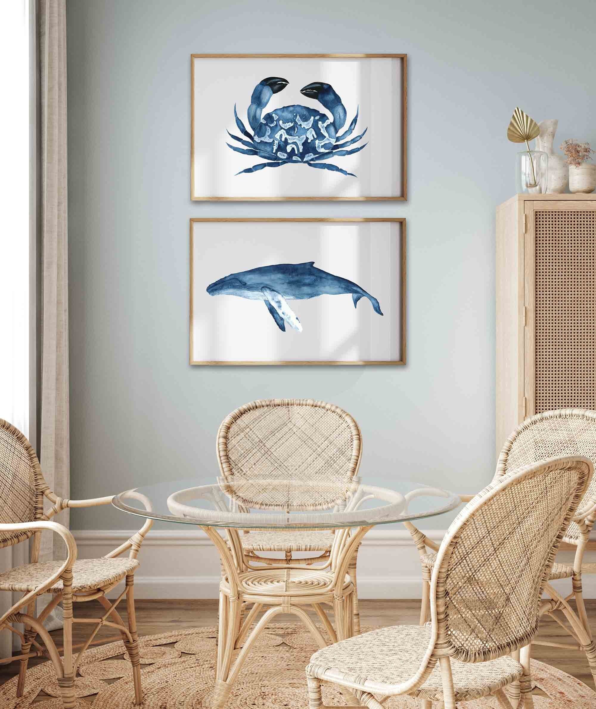 Blue Whale & Crab Watercolor Wall Art Modern Coastal Wall Decor Marine Wall Art Beach House Decor Blue Sea Life Painting Hamptons Artwork