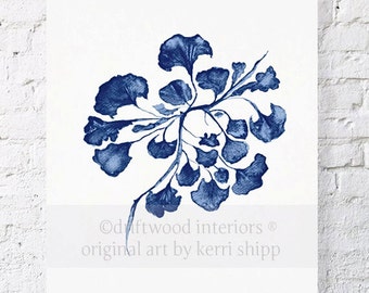 Abanicos de mar IV lámina en Dril azul 11 x 14 - Mar vida Art Print - impresión del arte Coral - Denim azul Coral imprimir - Blue Print de algas
