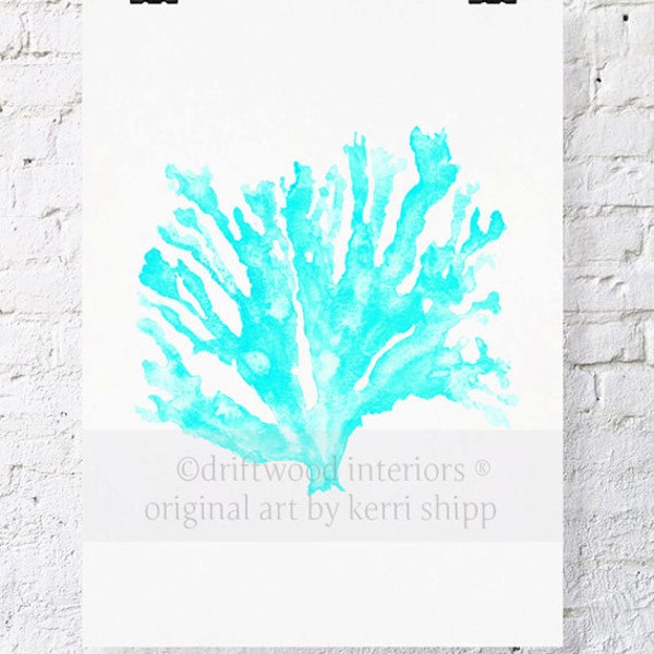 Sea Coral in Turquoise Watercolor Art Print - Sea Life Wall Art in Turquoise Blue