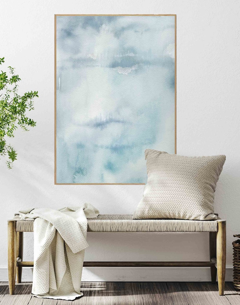 Pale Blue Wall Art Print Blue Gray Abstract Watercolor, Minimalist Abstract Wall Art, XL Abstract, Spa Blue Wall Art image 1