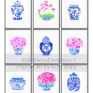 Blue and White China Vase with Pink Roses Bouquet in Flow Blue Watercolor Print 8x10 Ginger Jar Print Chinoiserie Art Print image 3