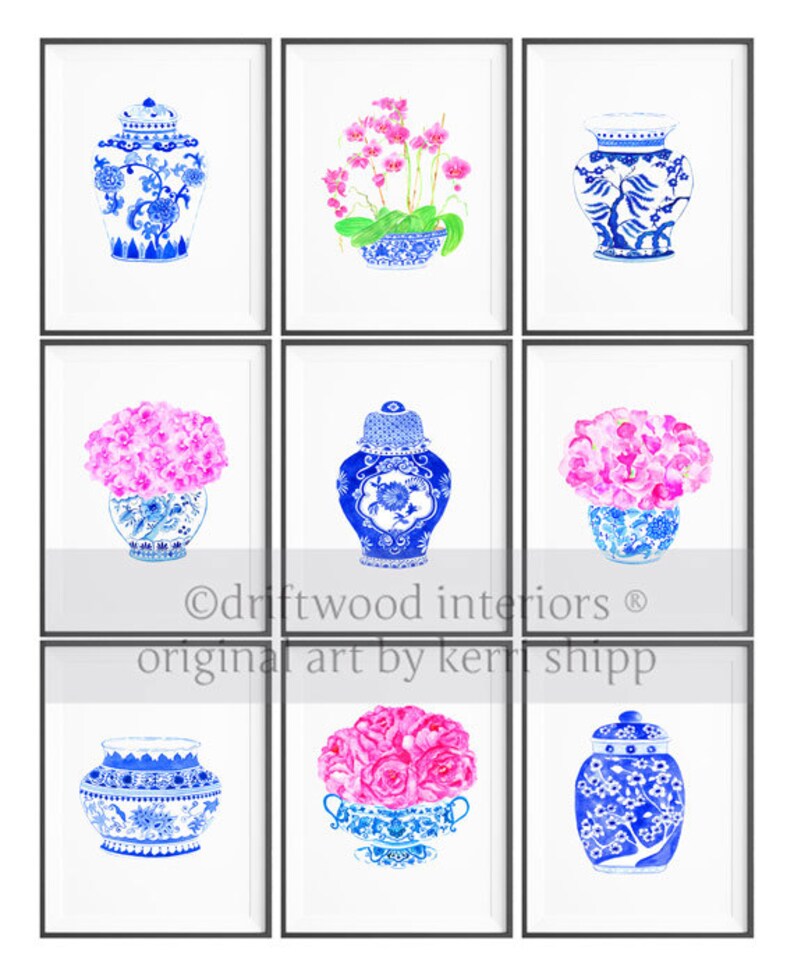 Blue and White China Vase with Pink Roses Bouquet in Flow Blue Watercolor Print 8x10 Ginger Jar Print Chinoiserie Art Print image 3