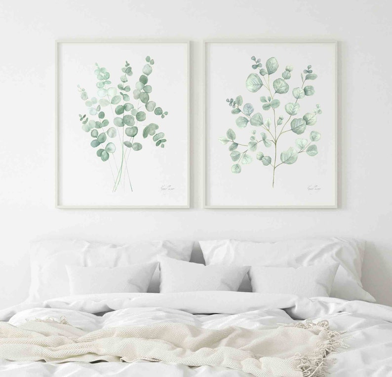 Eucalyptus Bundle Minimalist Wall Decor Light Sage Green, Handmade Hand Painted Watercolor Prints, Modern Botanical Prints Set of 2 image 4