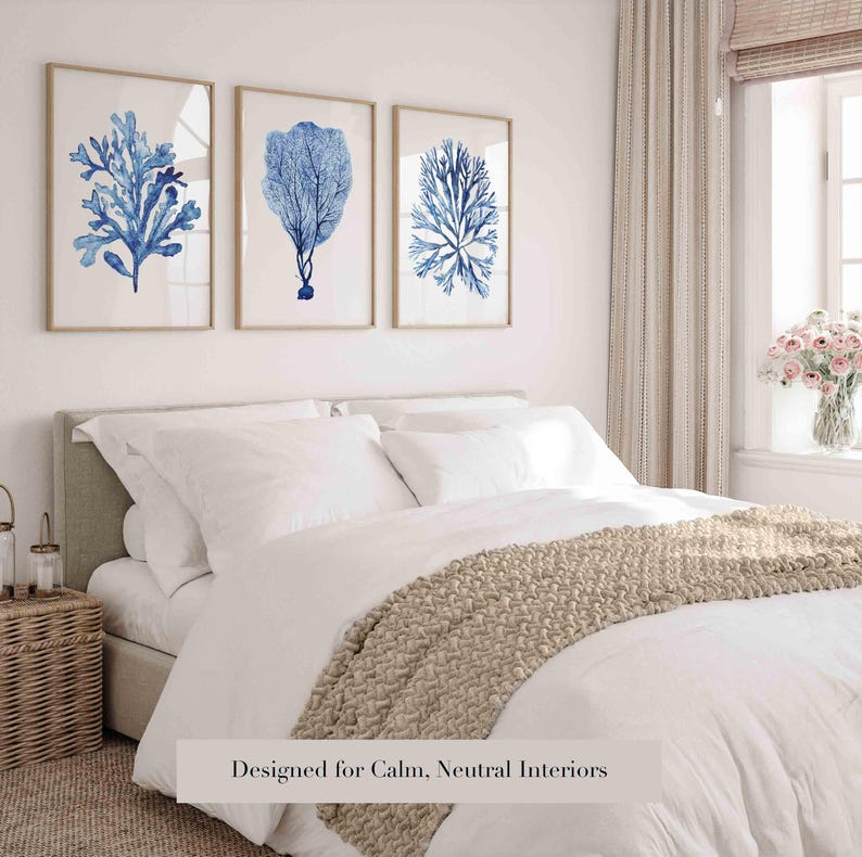 Coastal Wall Art Set of 3 - Nautical Navy Blue Coral Seaweed Watercolor ...