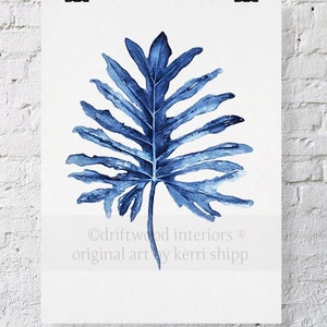 Tropical Leaf II Watercolor Print in Denim Blue 11x14 - Watercolor Art Print - Tropical Wall Art