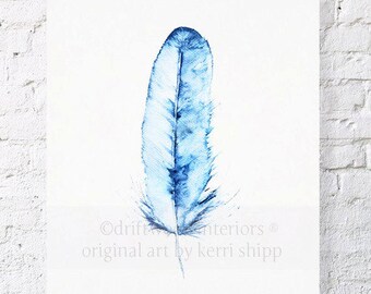 Blue Feather Watercolor Print 'Kingfisher' 11x14 - Denim Blue Art Print - Blue Feather Art Print