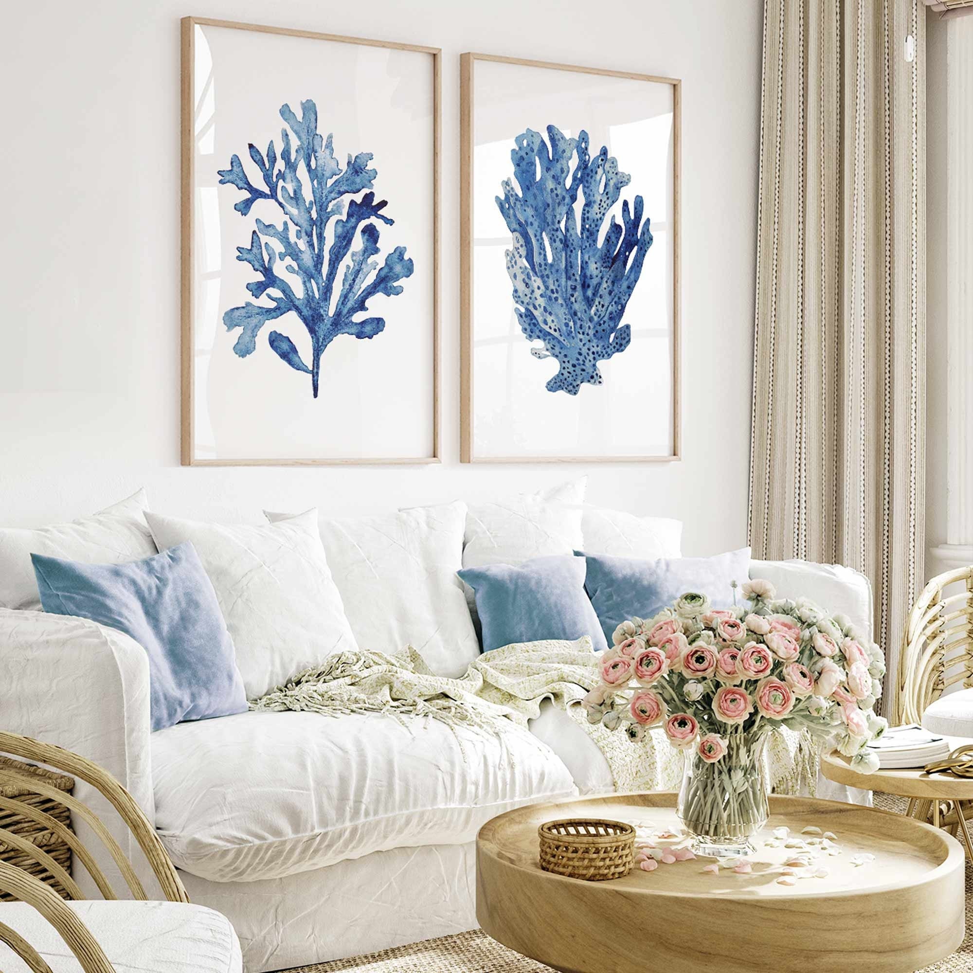 Navy Blue Coral Seaweed Wall Art, Minimalist Coastal Decor Watercolor Nautical Hamptons Set of 2 Cozy Art Print Kitchen Shelf Art Set of 2