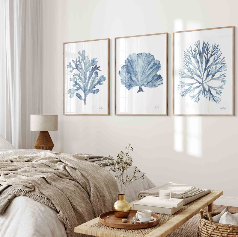 Sky Blue Coral Seaweed Wall Art Set of 3 Prints, Minimalist Wall Decor ...