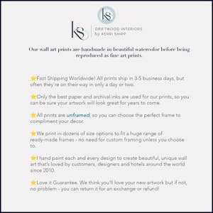 May include: A white background with black text describing the details of handmade watercolour art prints. The text includes information about shipping, paper quality, framing options, and a love it guarantee.