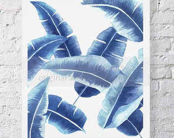 Banana Leaf Print II in Blue A5 and A4 size - Banana Leaf Wall Art - Tropical Leaf Wall Art Decor - Watercolor Wall Art Print