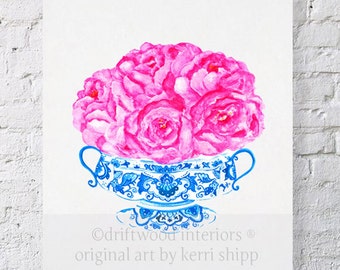 Pink Floral Watercolor - Bouquet in Flow Blue 11x14 - Blue and White Art Print - Blue and White China Art