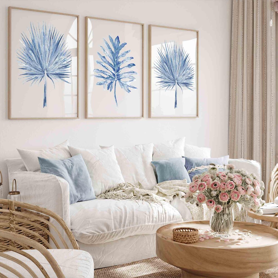 Tropical Wall Art Prints in Light Blue Navy, Set of 3 Minimalist Wall ...