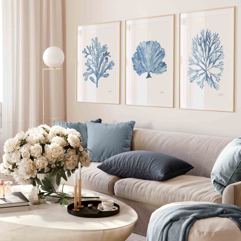 Sky Blue Coral Seaweed Wall Art Set of 3 Prints, Minimalist Wall Decor ...