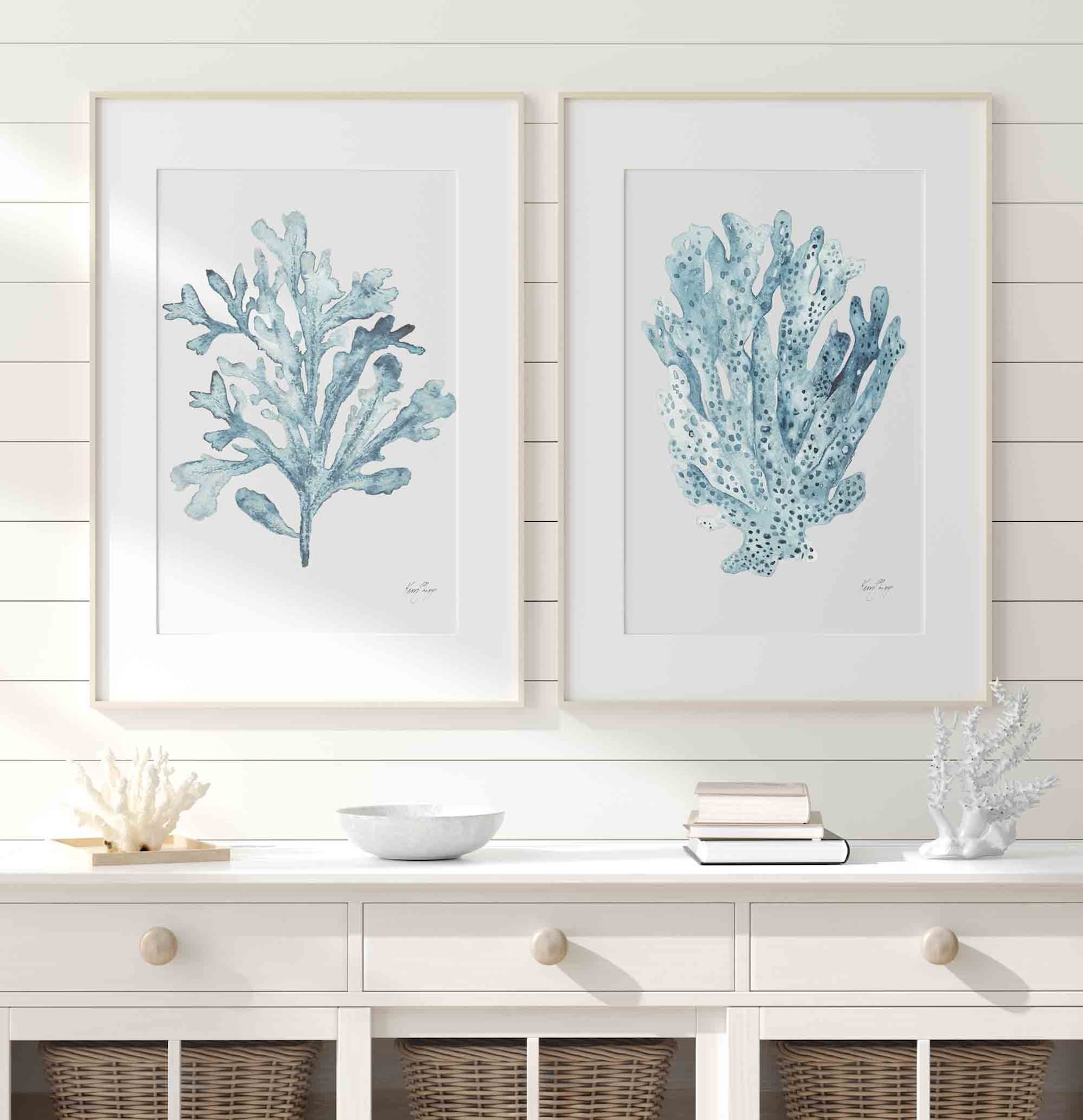 Blue Coral Wall Art Set of 2 Prints, Coastal Wall Art Watercolor ...