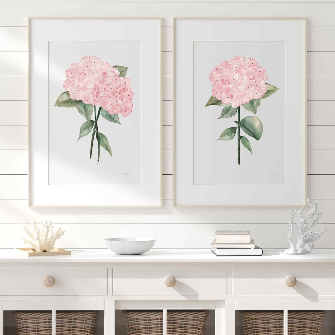 Hydrangea Wall Art Prints Set: Pale Pink Watercolor Botanical ...