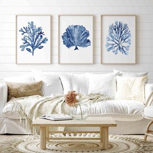 Navy Blue Coral Seaweed Wall Art Set of 3 Prints, Minimalist Watercolor ...