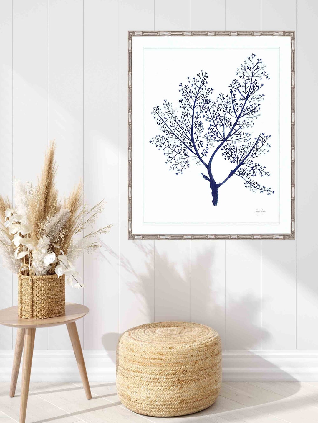 Navy Blue Wall Art Coral Seaweed Print, Denim Blue Wall Art, Minimalist