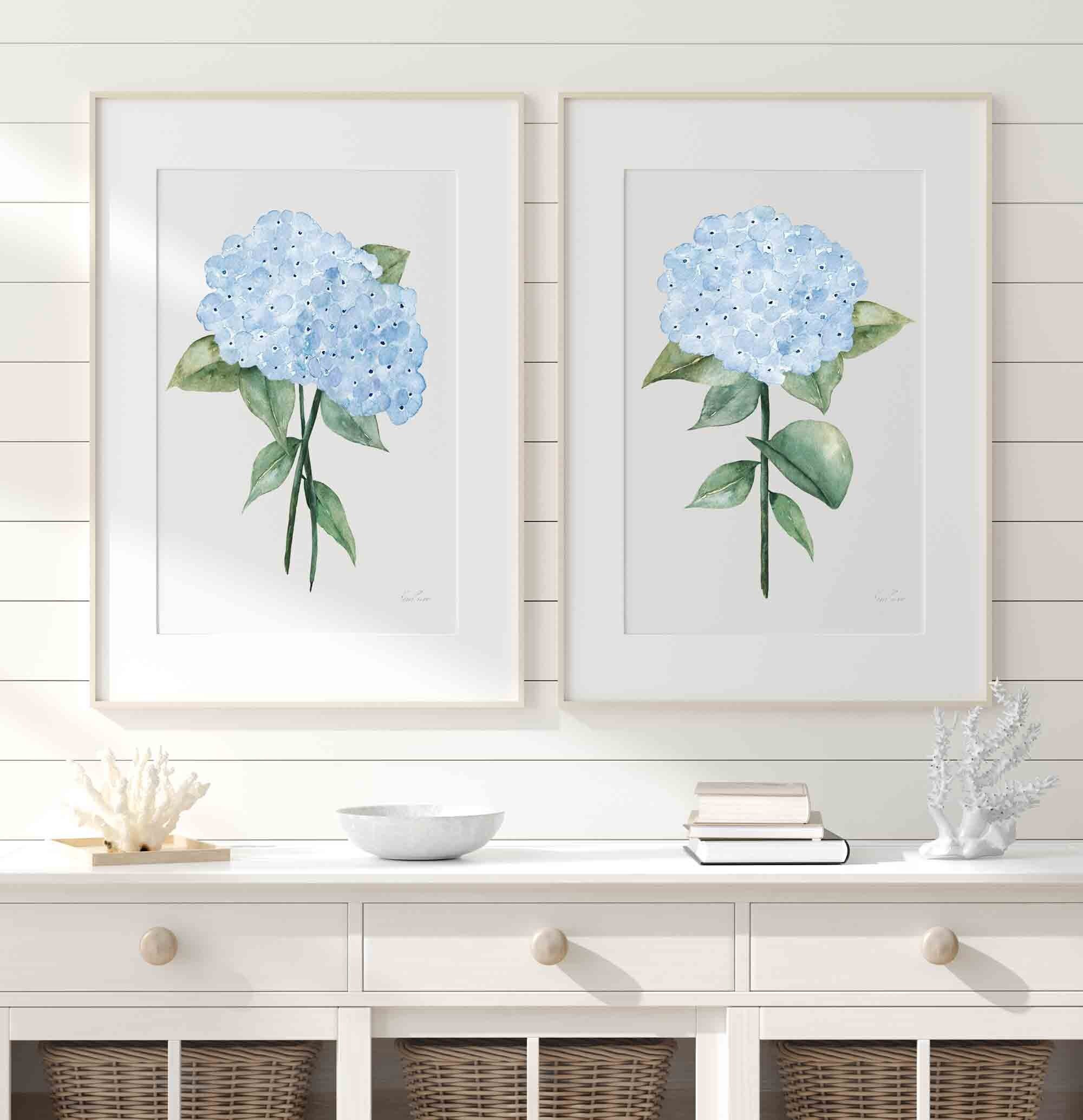 Pale Blue Hydrangea Set of 2 Wall Art Prints Minimalist Wall Decor