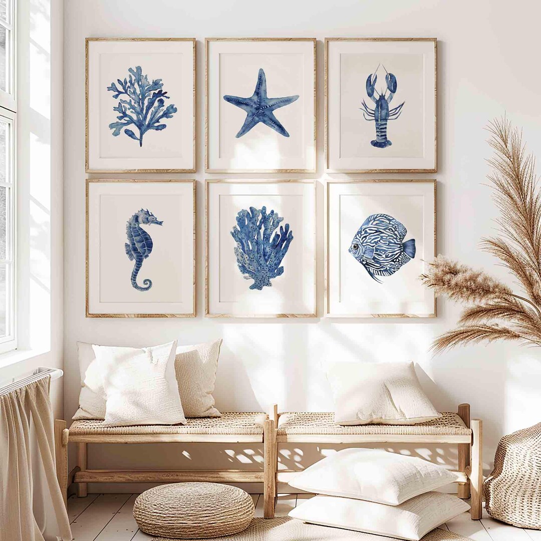 Coastal Gallery Wall Art Set of 6, Blue Coastal Prints for Beach House ...