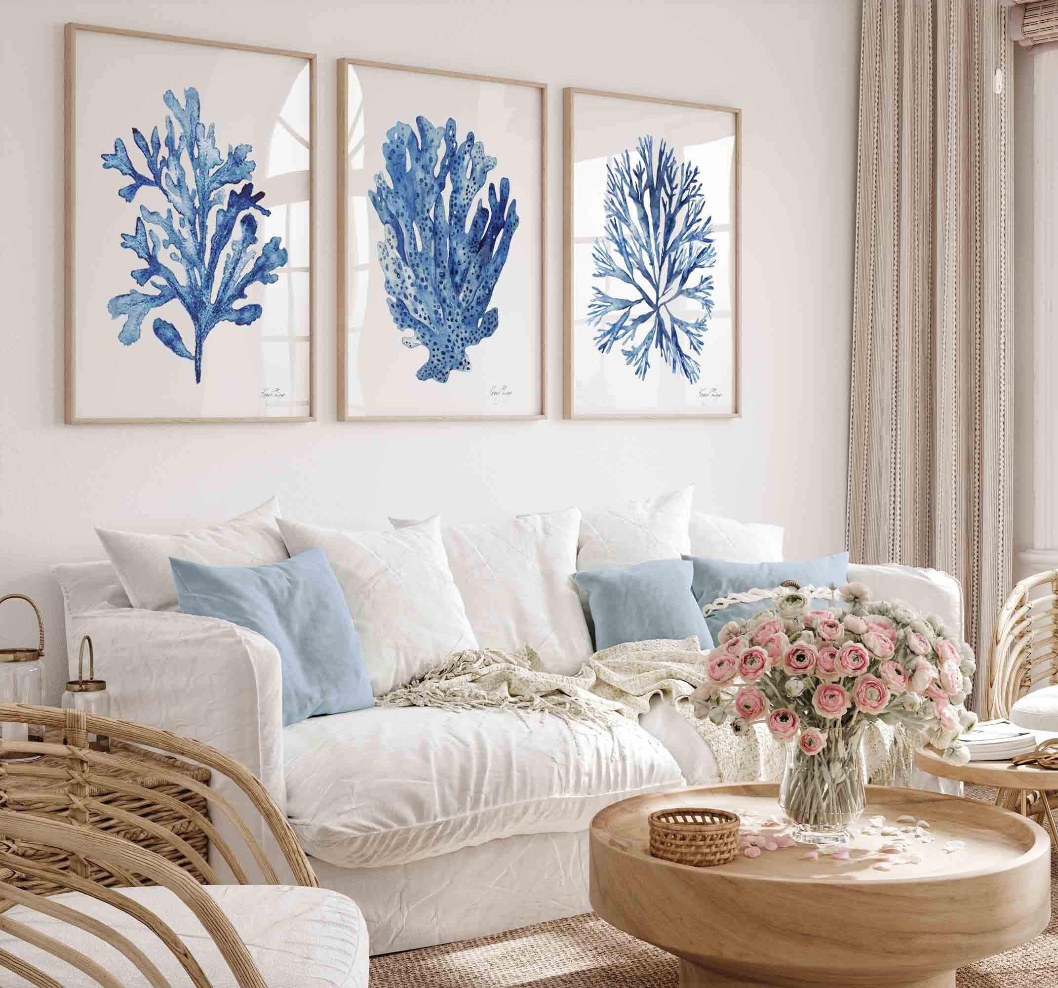 Nautical Wall Decor Coastal Wall Art Set of 3 Prints Navy