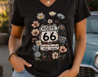 Route 66 Centennial Floral V-Neck T-Shirt 100 Years Anniversary 1926 2026 Shirt Vintage Wildflower Road Trip Tee Women's Gift