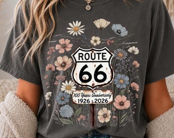 Route 66 100 Years Shirt Centennial Anniversary Tee Floral Route 66 Shirt Vintage Highway 66 Graphic Tee Road Trip Gift