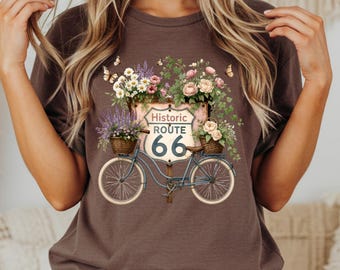 Historic Route 66 Floral Bicycle Shirt Vintage Route 66 Tee Retro Wildflower Bicycle Graphic T-Shirt Cottagecore Road Trip Gift for Women