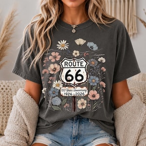 Route 66 Floral Shield 100 Years T-shirt | 1926-2026 Mother Road