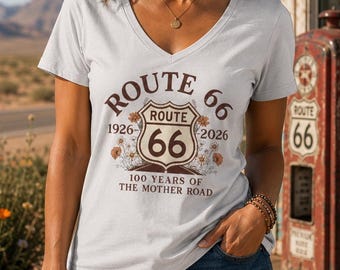 Route 66 relaxed V neck 100 Year Centennial Anniversary Tee Road Trip Shirt Gift for her