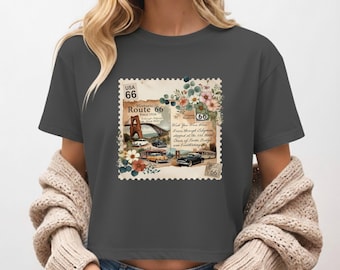Vintage Route 66 Postcard collage Women's Boxy Tee | retro travel floral design